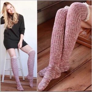 Cozy Pink Knit Over-the-Knee Socks with white lace trim, NEW✔️
